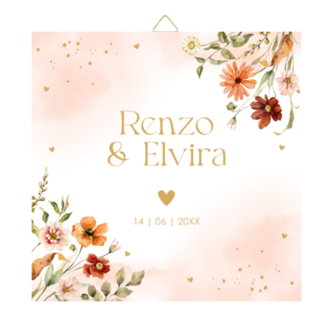 Tegeltje bruiloft oranje bloemen met eigen tekst