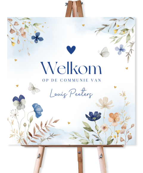 Welkomstbord communie jongen bloemen blauw