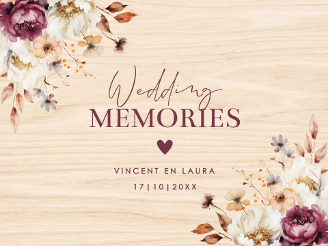 Bruiloft memorybox hout bloemen beige paars