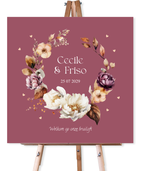 Bruiloftsbord beige bloemenkrans aubergine