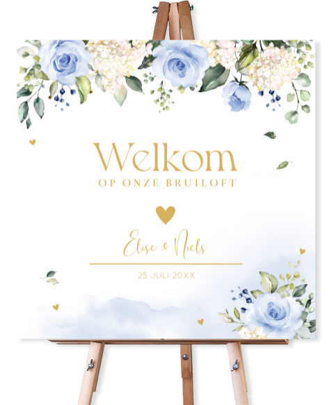 Bruiloftsbord bloemen blauw watercolour 70x70 cm