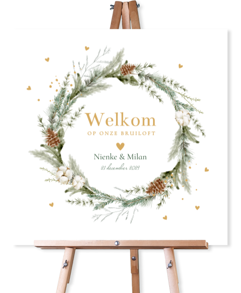 Welkomstbord bruiloft wit kerstkrans groen