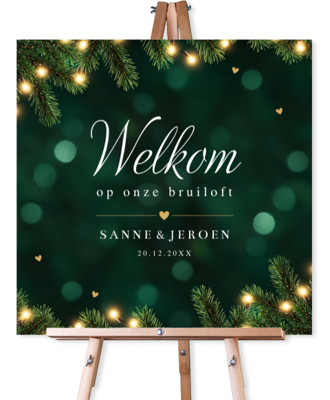 Welkomstbord bruiloft kerst groen takjes