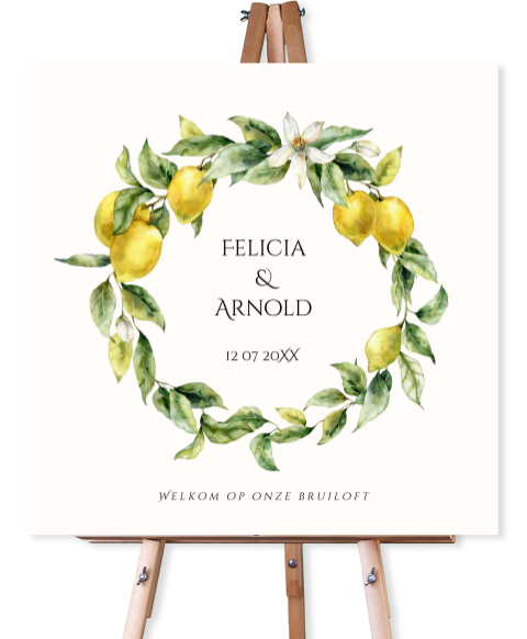 Bruiloftsbord welkom citroenen geel Mediterraans