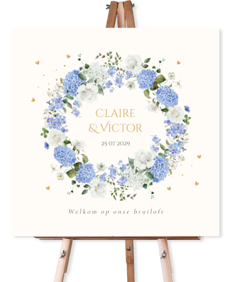 Bruiloftsbord bloemenkrans blauw hortensia