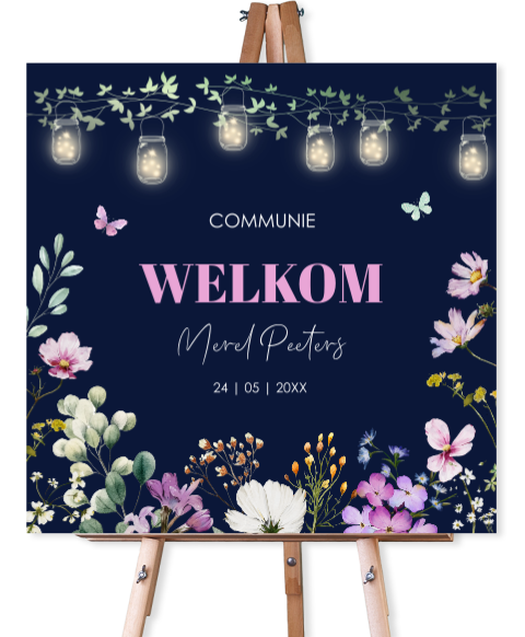Welkomstbord communie meisje bloemen paars lampjes