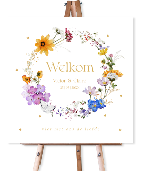 Bruiloftsbord bloemen krans paars geel