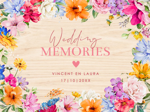 Bruiloft memorybox hout kleurrijk bloemen roze
