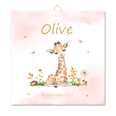 Geboortetegeltje meisje giraffe roze bloemen