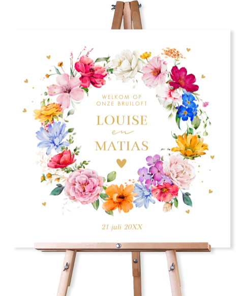 Welkomstbord bruiloft fleurige bloemenkrans Bright Flowers