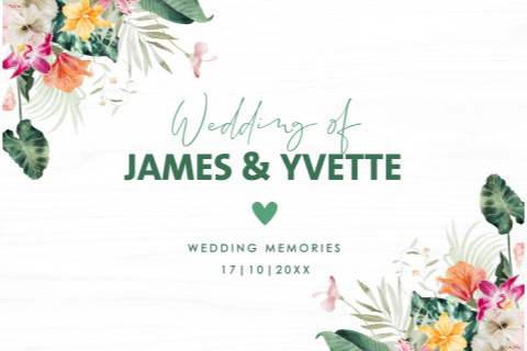 Bruiloft memorybox met tropische bloemen lichtgroen