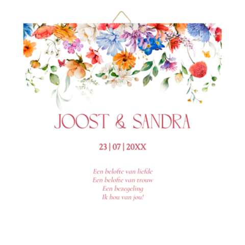 Tegeltje bruiloft zomerse gekleurde bloemen eigen tekst