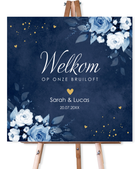 Welkomstbord bruiloft blauw bloemen rozen 70x70 cm