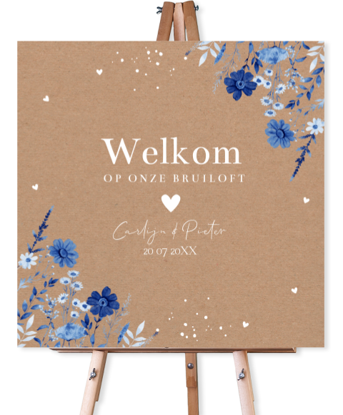 Bruiloftsbord bloemenkrans blauw kraft look 70x70 cm