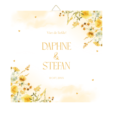 Tegeltje bruiloft geel bloemen eigen tekst