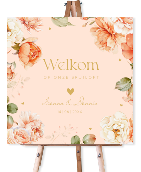 Bruiloftsbord pastel oranje bloemen