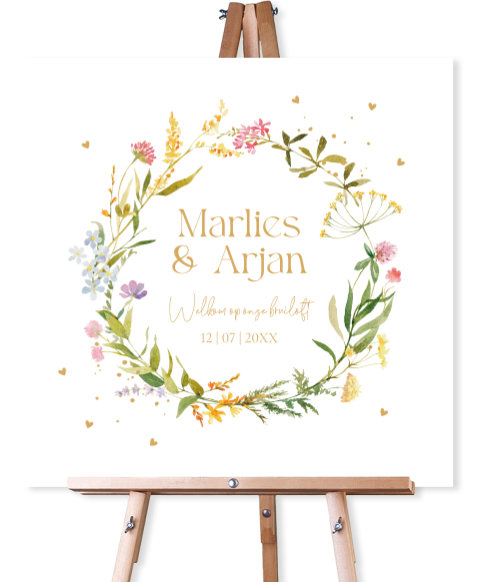 Bruiloftsbord bloemenkrans geel groen