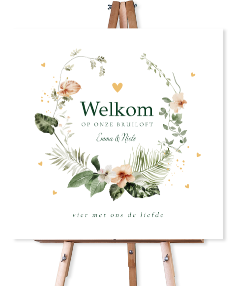 Welkomstbord huwelijk wit tropisch bladeren groen