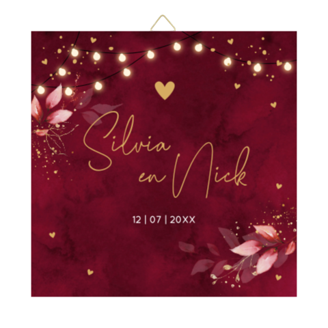 Tegeltje bruiloft rood floral botanisch lampjes eigen tekst