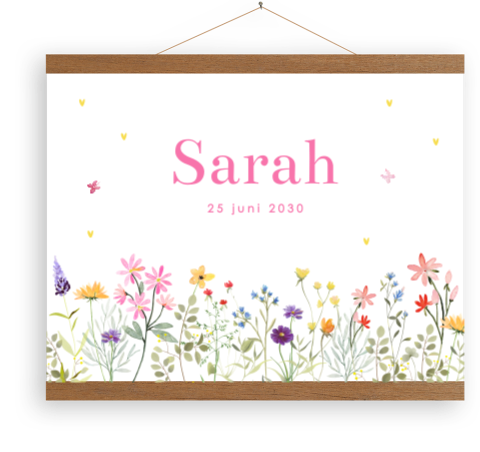 Canvasposter geboortekaartje gekleurde bloemen | 40x30 cm