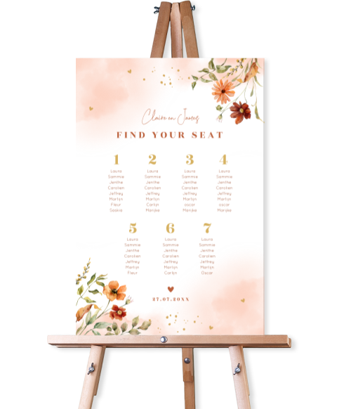 Tafelschikking bord bruiloft peach oranje bloemen