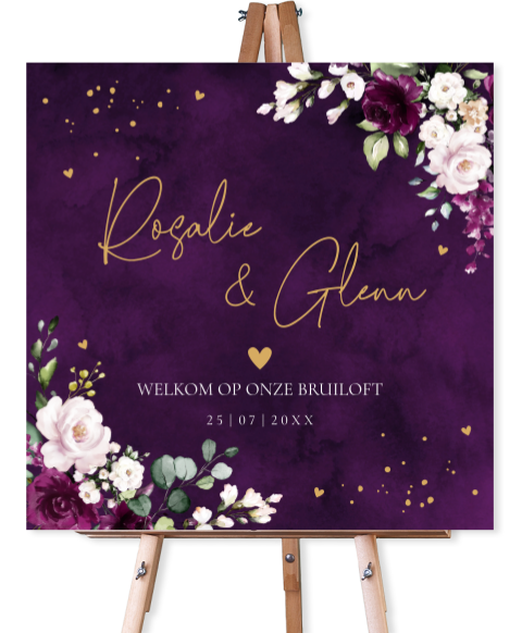 Welkomstbord bruiloft paars bloemen rozen vierkant