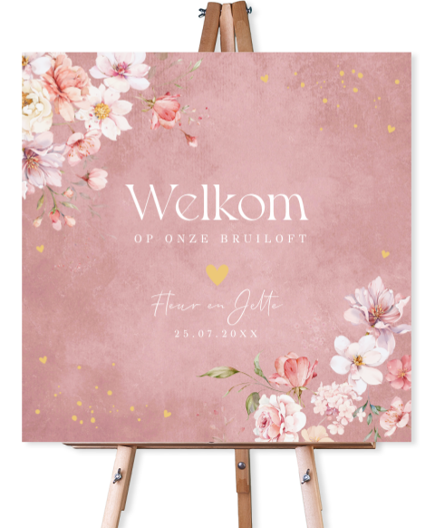 Welkomstbord bruiloft bloemen dusty pink
