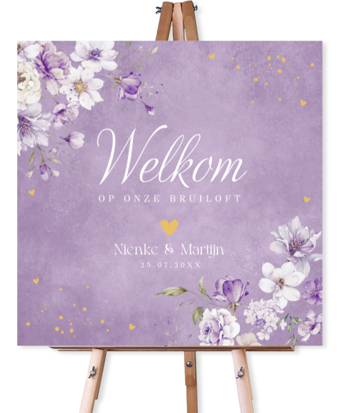 Welkomstbord bruiloft paars bloemen vierkant