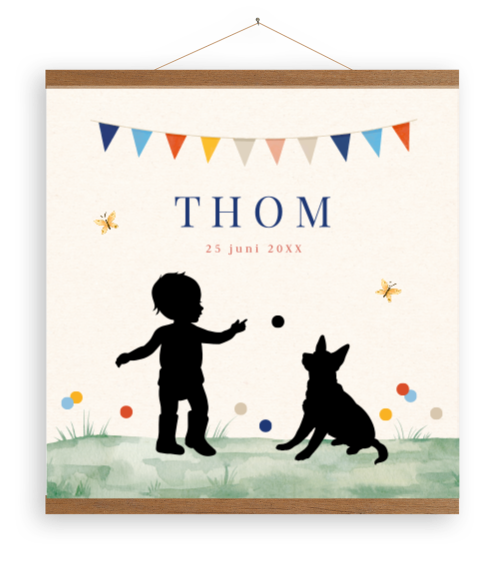 Canvasposter silhouet jongen met hondje | 40x40 cm