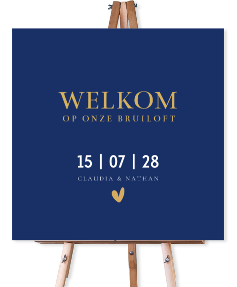 Bruiloftsbord donkerblauw stijlvol hartje welkom