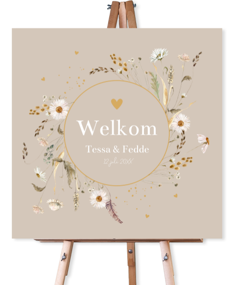 Bruiloftsbord beige bloemen welkom op onze bruiloft