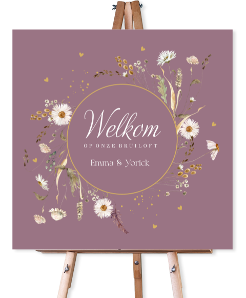 Welkomstbord bruiloft paars bloemenkrans