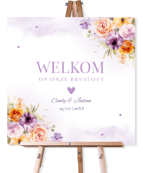 Welkomstbord bloemen paars watercolour vierkant