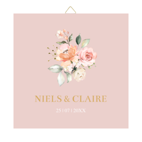 Tegeltje bruiloft roze bloemenboeket en namen