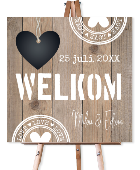 Bruiloftsbord houtlook hartje stempels 70x70 cm
