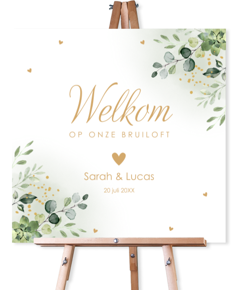 Welkomstbord bruiloft botanisch groen bladeren 70x70 cm