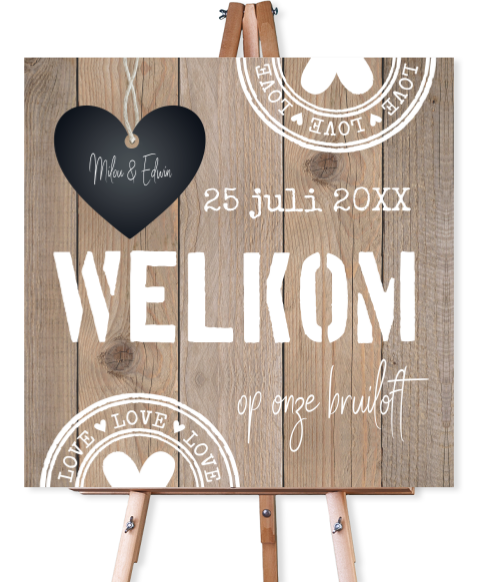 Bruiloftsbord houtlook hartje stempels 70x70 cm