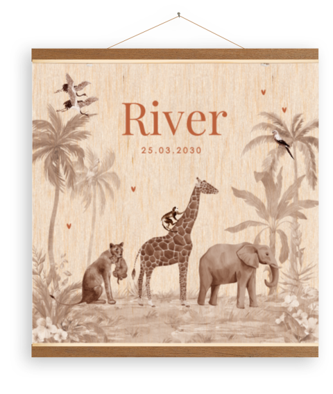 Canvasposter safari dieren met houtlook achtergrond