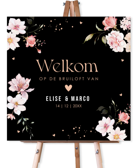 Welkomstbord bruiloft zwart met roze bloemen