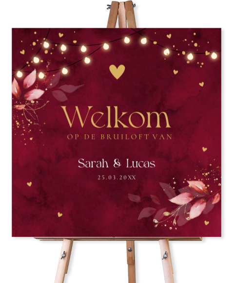 Bruiloftsbord rood botanisch lampjes 70x70 cm