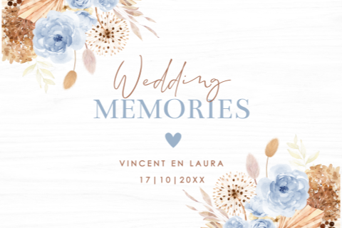 Bruiloft memorybox hout bohemian bloemen blauw