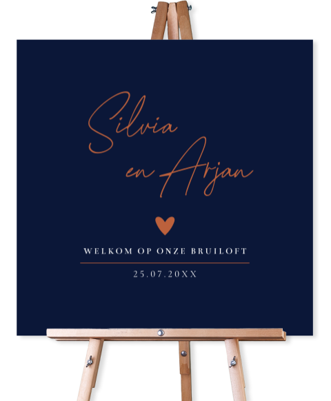 Bruiloftsbord donkerblauw stijlvol hartje welkom