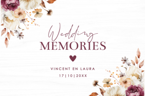 Bruiloft memorybox hout bloemen beige paars