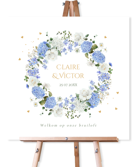 Bruiloftsbord bloemenkrans blauw hortensia