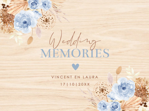 Bruiloft memorybox hout bohemian bloemen blauw