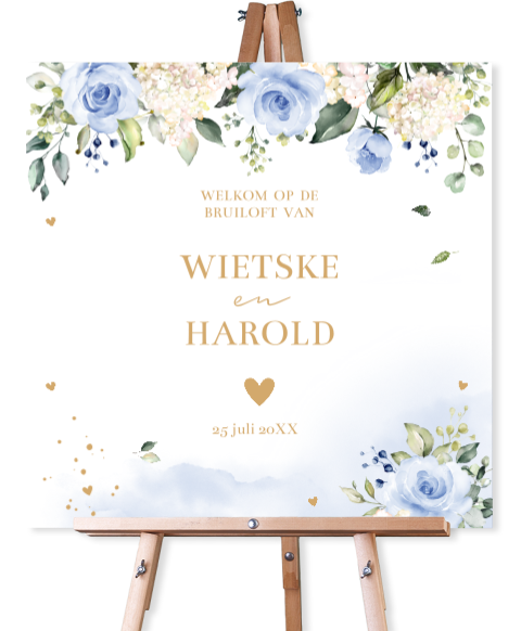 Bruiloftsbord bloemen blauw watercolour 70x70 cm