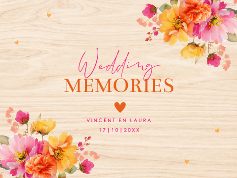 Bruiloft memorybox hout kleurrijke bloemen pink orange