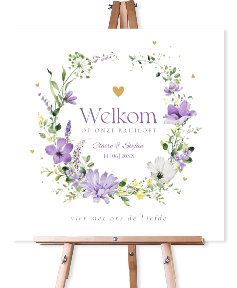 Welkomstbord wit bruiloft paars bloemenkrans Twiggy