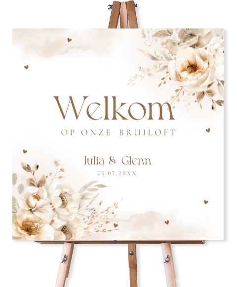 Welkomstbord bruiloft beige bloemen