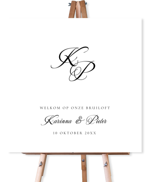 Bruiloftsbord wit initialen naam sierlijke letters